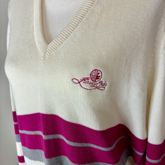 Cute Creamy Colored 90s Cotton Knit V-Neck Horizontal Striped Sweater Medium M - Picture 6 of 11